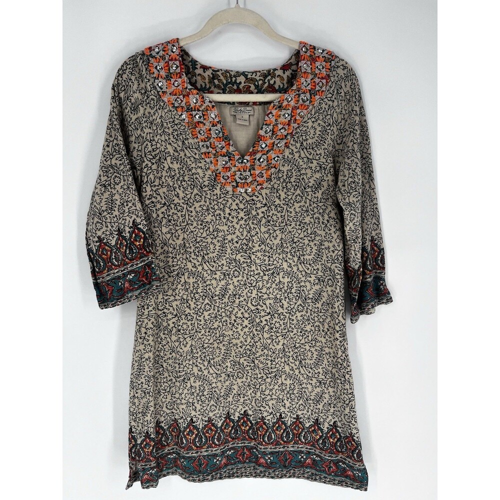 Lucky Brand Boho Embroidered Tunic Dress Small Floral Border Print Sequin